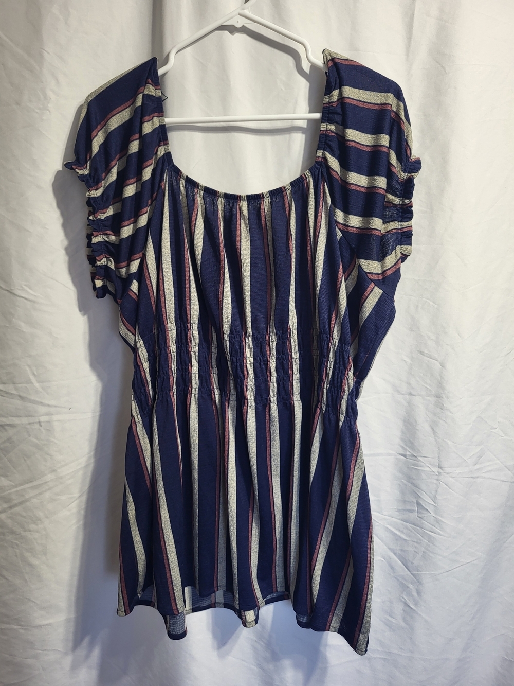 Striped Navy Peasant Top with Pink and Cream Accents, Size 3XL